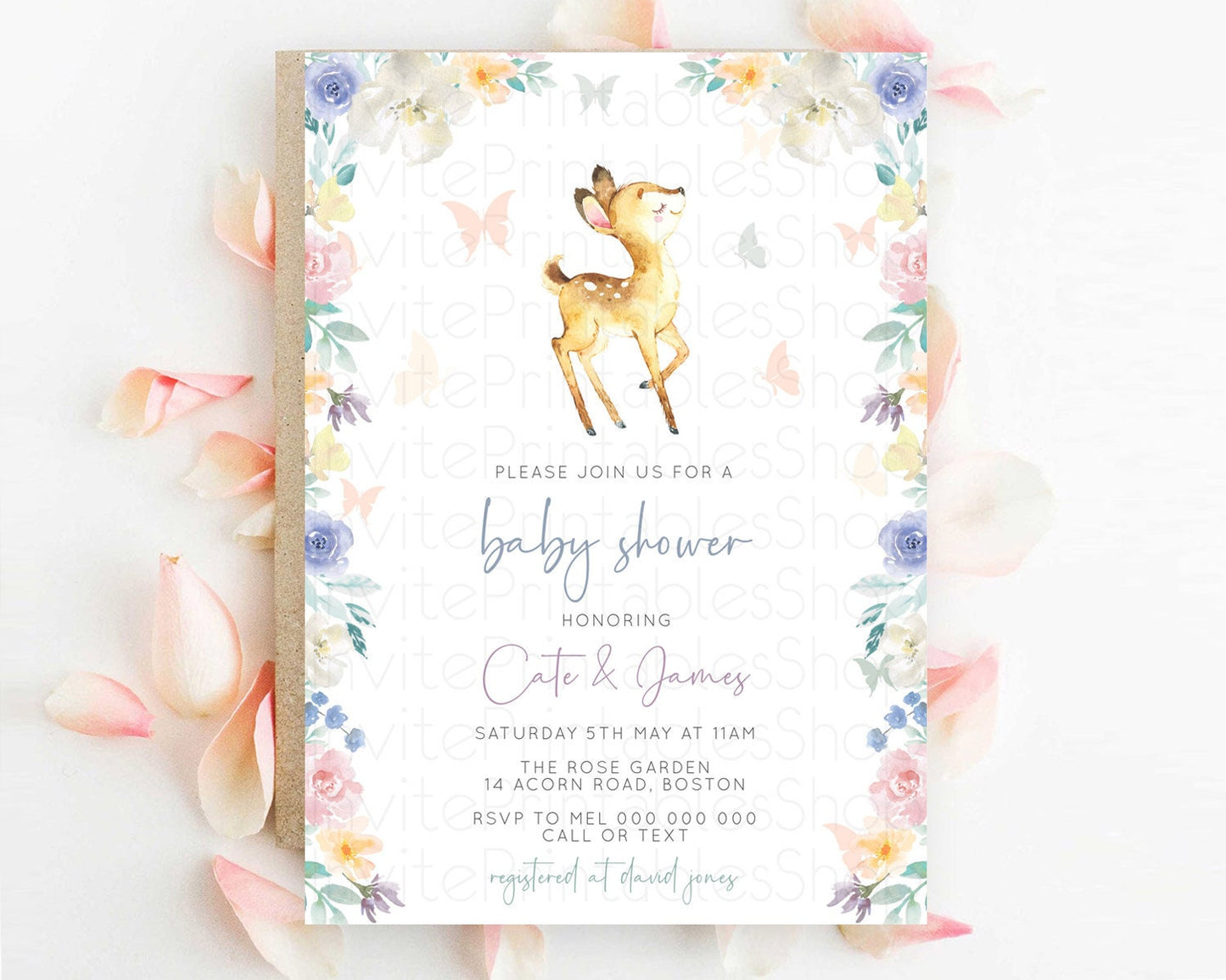 Enchanted Forest Baby Shower Invitation, Baby Fawn Invitation, Whimsical Deer, Butterfly, Secret Garden Theme Soft Pastel Flowers D11035