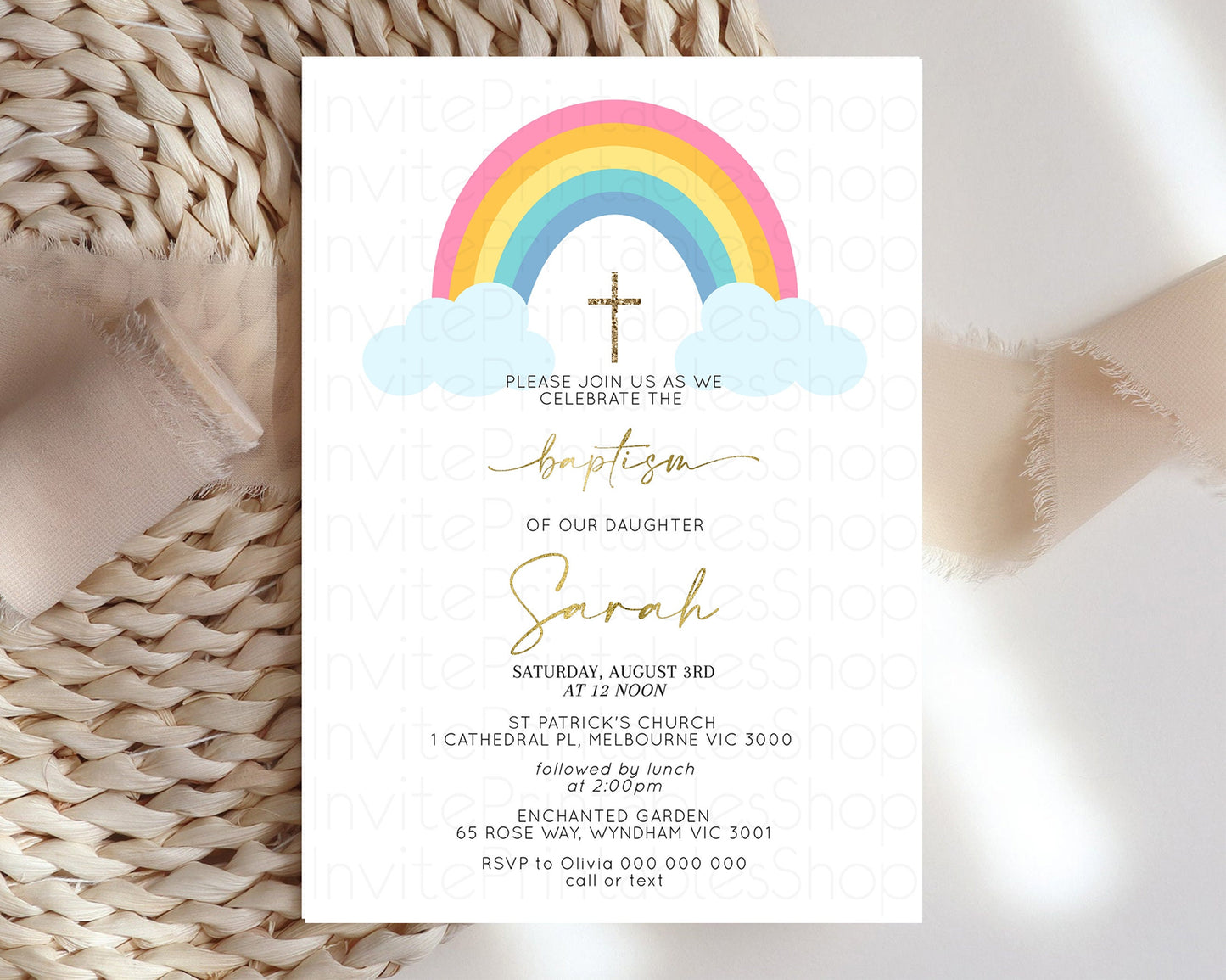 Pastel Baptism Invitation Rainbow Christening Invitation Holy Communion Invite Baptism 1st Birthday Sprinkles Ombre Watercolor Splash