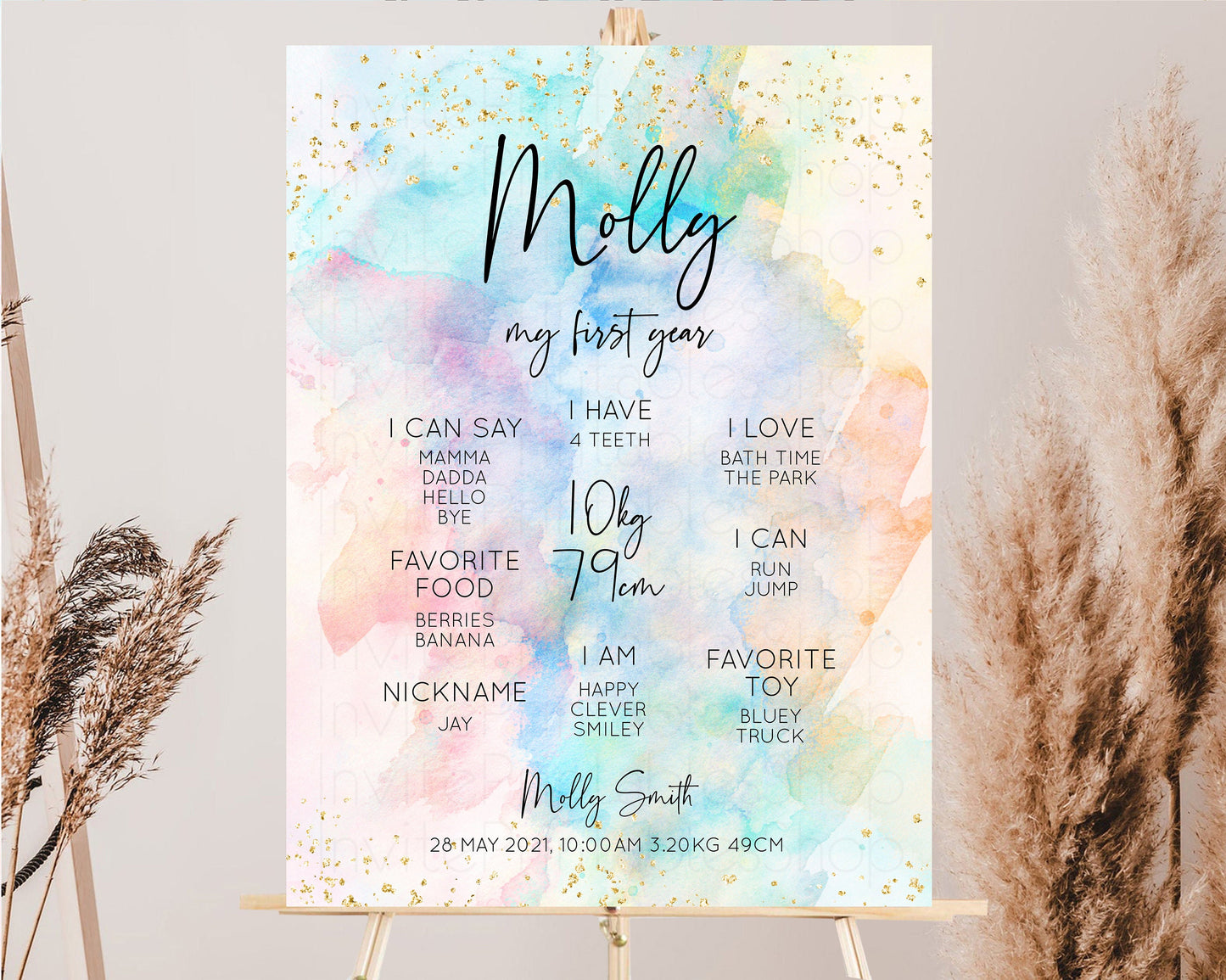 Pastel First Birthday Milestone Board Pastel Rainbow Milestone Poster Watercolor Glitter One Year Poster Colorful Splash Baby 1st Year 276v3