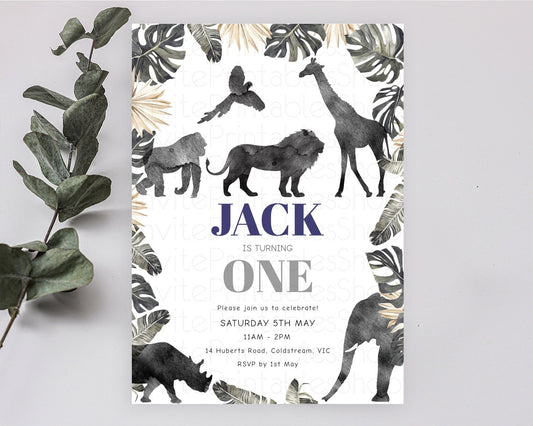 Editable Safari Birthday Invitation Lion Gorilla Elephant Rhino Tropical Pal