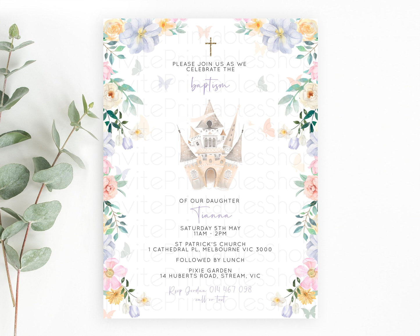 Princess Baptism Invitation Enchanted Castle Baptism 1st Birthday Invitation Royal Party Pastel Floral Secret Garden Christening D10473