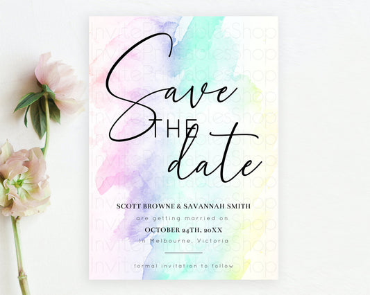 Editable Pastel Save The Date Template Pastel Ombre Rainbow Watercolor Color