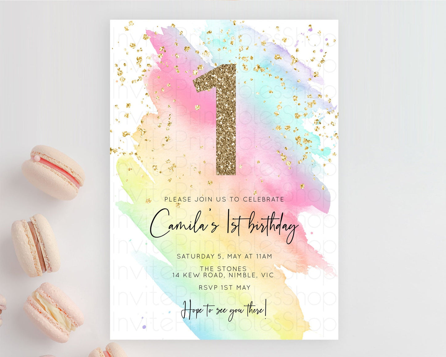 Rainbow Birthday Invitation Colorful Pastel Watercolor Invitation Gold Glitter Sprinkles Ombre Pastel 1st 2nd 3rd Birthday D10495