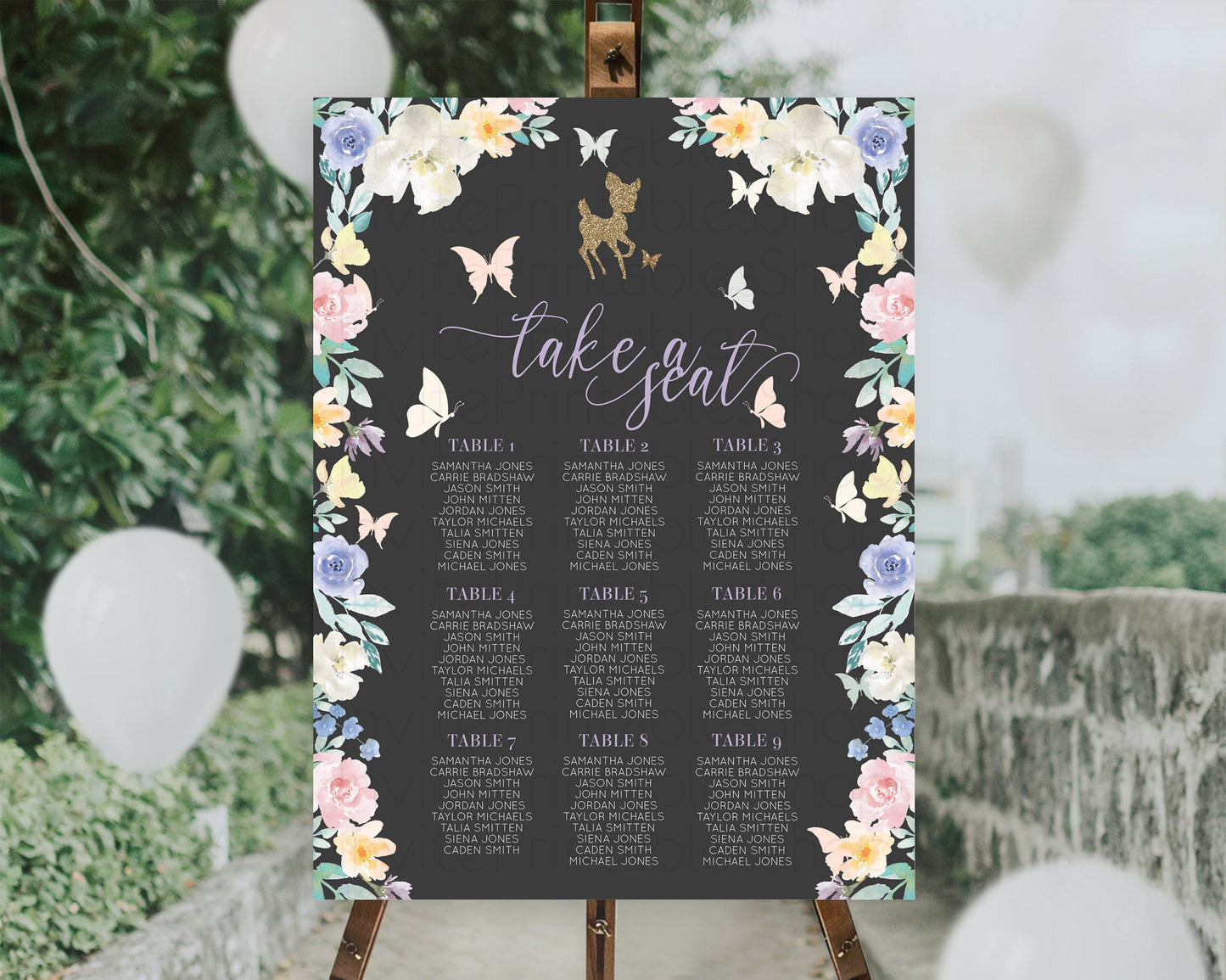 Fawn Seating Chart Deer Seating Chart Enchanted Forest Party Butterfly Pastel Flowers Whimsical Seating Chart Woodland Seating Sign D10323