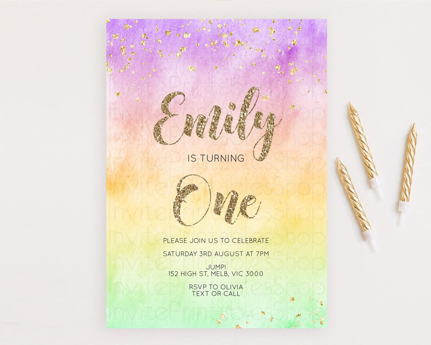 Rainbow Birthday Invitation Colorful Pastel Watercolor Invitation Gold Glitter Sprinkles Ombre Pastel 1st 2nd 3rd Birthday D10512