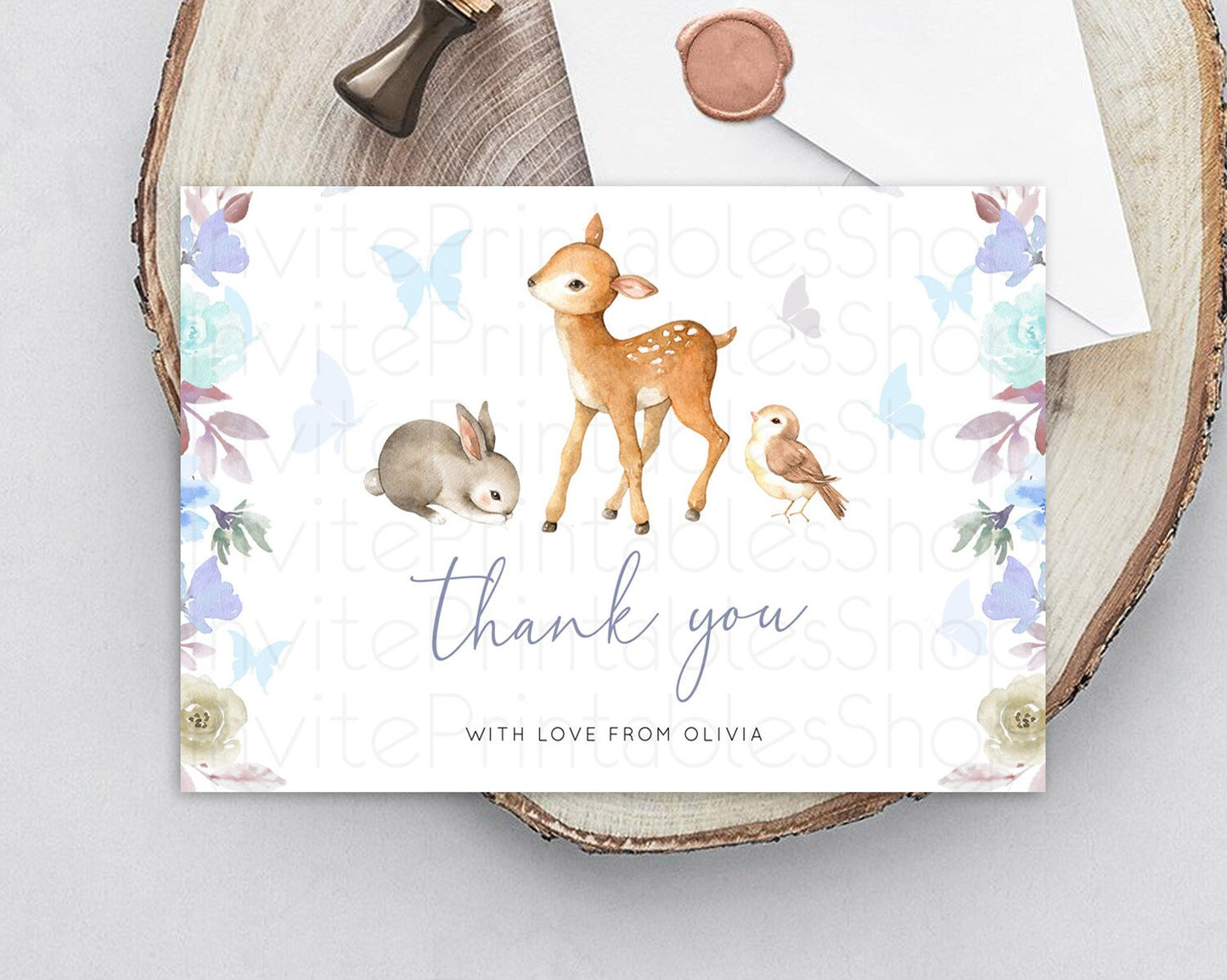 Fawn Thank You Deer Thank You Card Pastel Floral Deer Birthday Thank You Card Enchanted Forest Butterfly Deer Teacher Thank You Card D10929