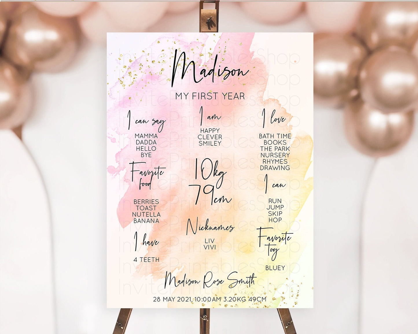 Pink First Birthday Milestone Poster Pink Watercolor Milestone Board Pastel Pink Watercolor Splash Milestone Board 1st Birthday D10167