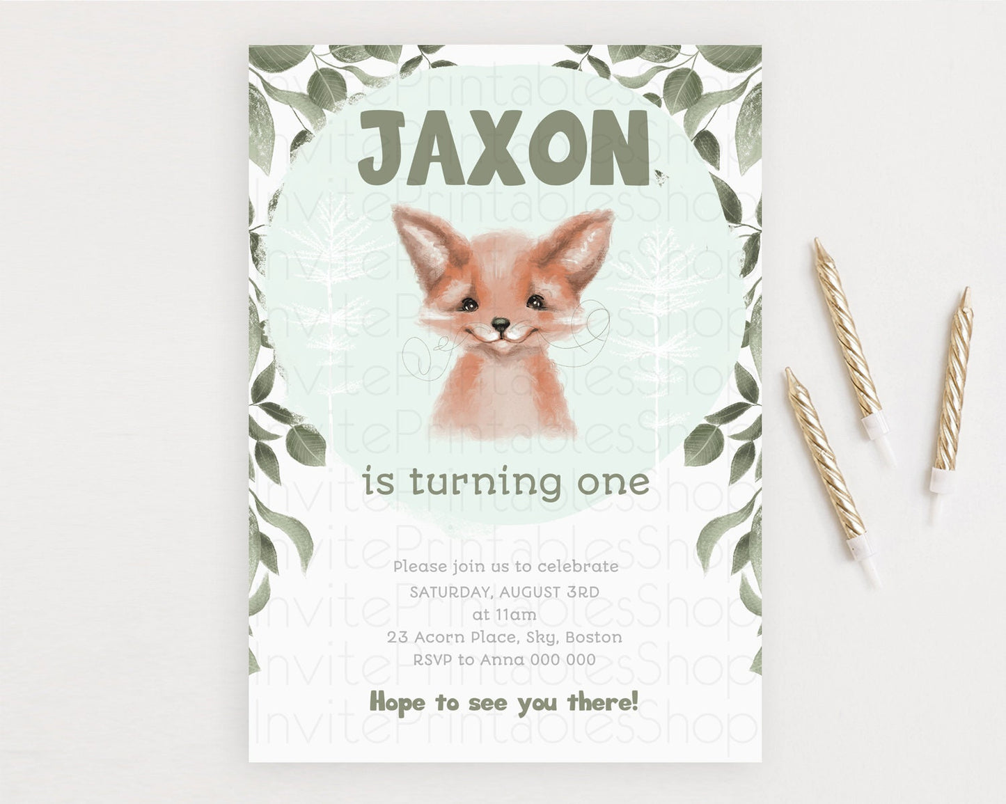 Fox Birthday Invitation Fox Invite Mr. Fox Birthday Green Fox Party Forest Adventure Enchanted Woods Wild One 1st 2nd 3rd Birthday D10124