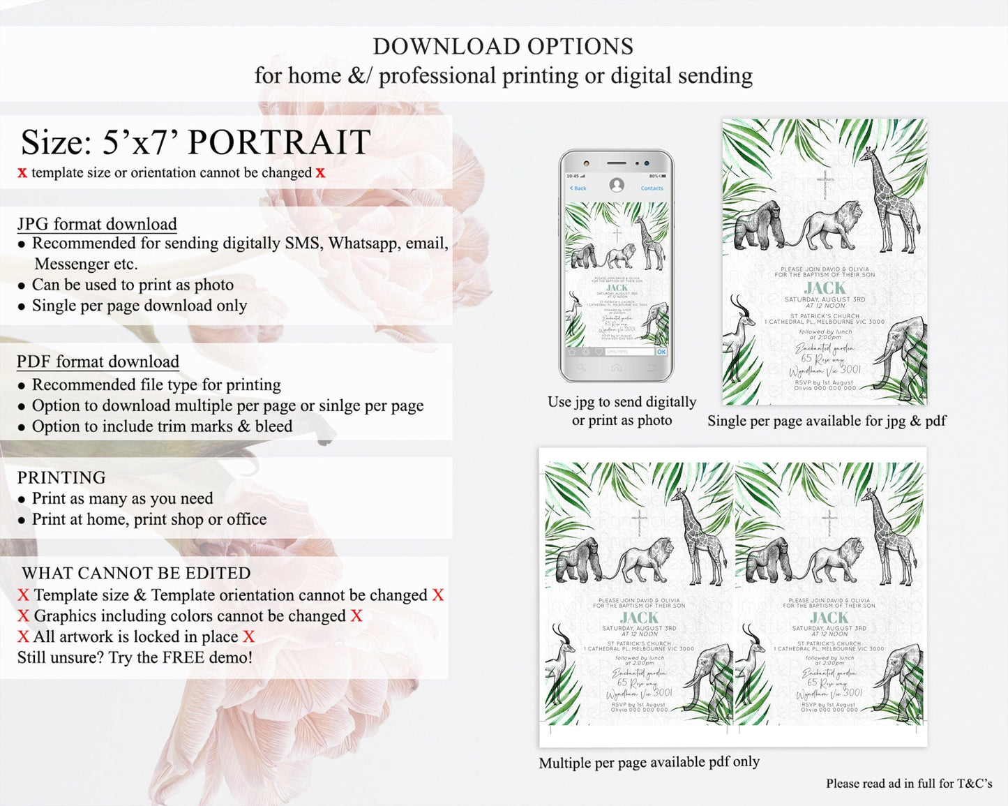 Safari Baptism Invitation Safari Adventure Baptism Birthday Invitation Lion Gorilla Elephant Rhino Tropical Palm Jungle Adventure D10853