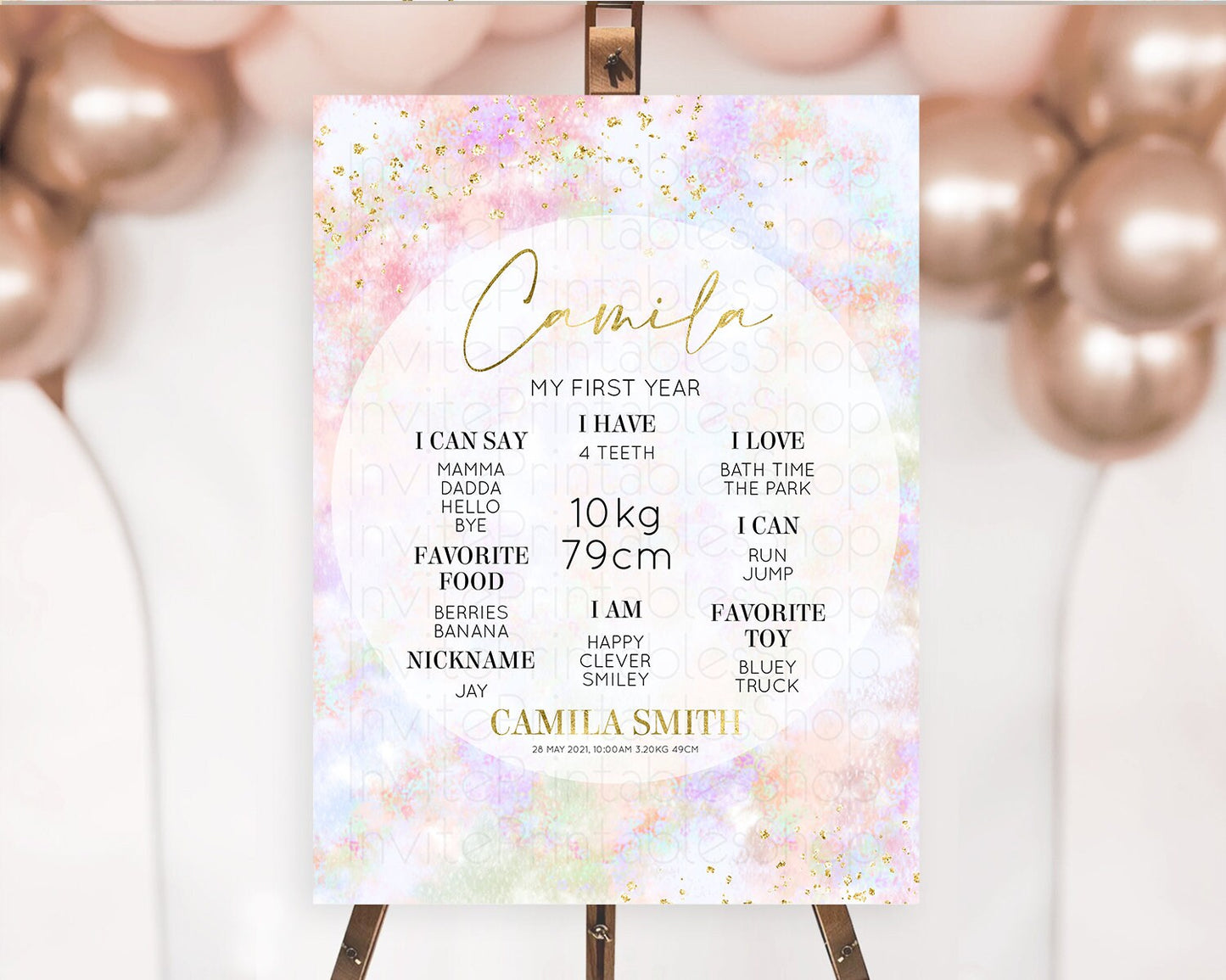 Pastel First Birthday Milestone Board Pastel Rainbow Milestone Poster Colorful Confetti Watercolor Glitter 1st Birthday Welcome Sign D10649