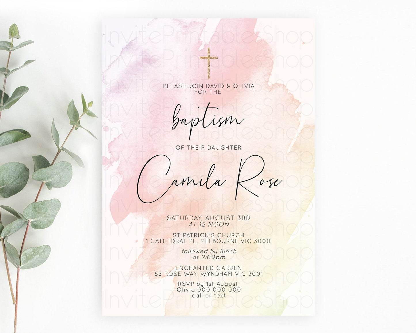 Pink Baptism Invitation Pink Watercolor Baptism 1st Birthday Invitation Pastel Pink Watercolor Christening Invite Pink Splash D10164