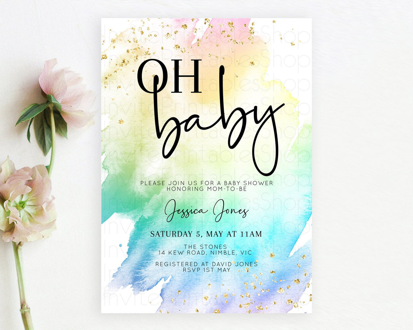 Pastel Baby Shower Invitation Rainbow Baby Shower Invitation Colorful Pastel Watercolor Invitation Gold Glitter Sprinkles Ombre D10279