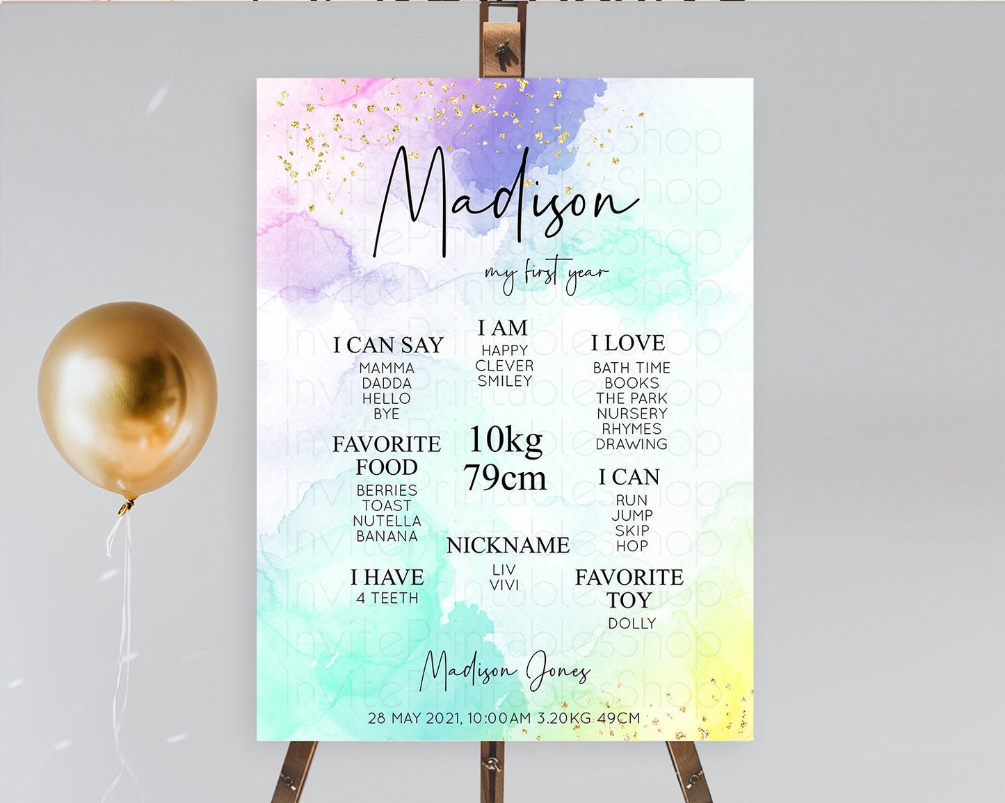 Pastel First Birthday Milestone Board Pastel Rainbow Milestone Poster Colorful Confetti Watercolor Glitter 1st Birthday Welcome Sign D10158