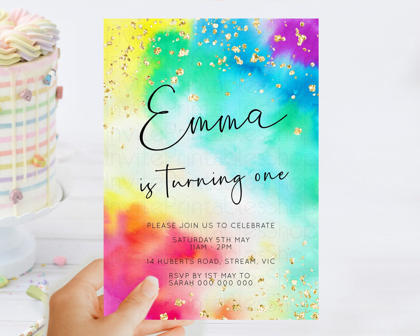 Tie Dye Invitation Rainbow Birthday Invitation Pastel Invitation Colorful Invitation Pastel Rainbow Party 3rd 2nd 1st First Birthday D10462