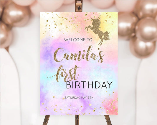 Unicorn Rainbow Birthday Welcome Board Pastel Unicorn Welcome Sign Magical Ombre Colorful Watercolor First Birthday Welcome Sign D10435