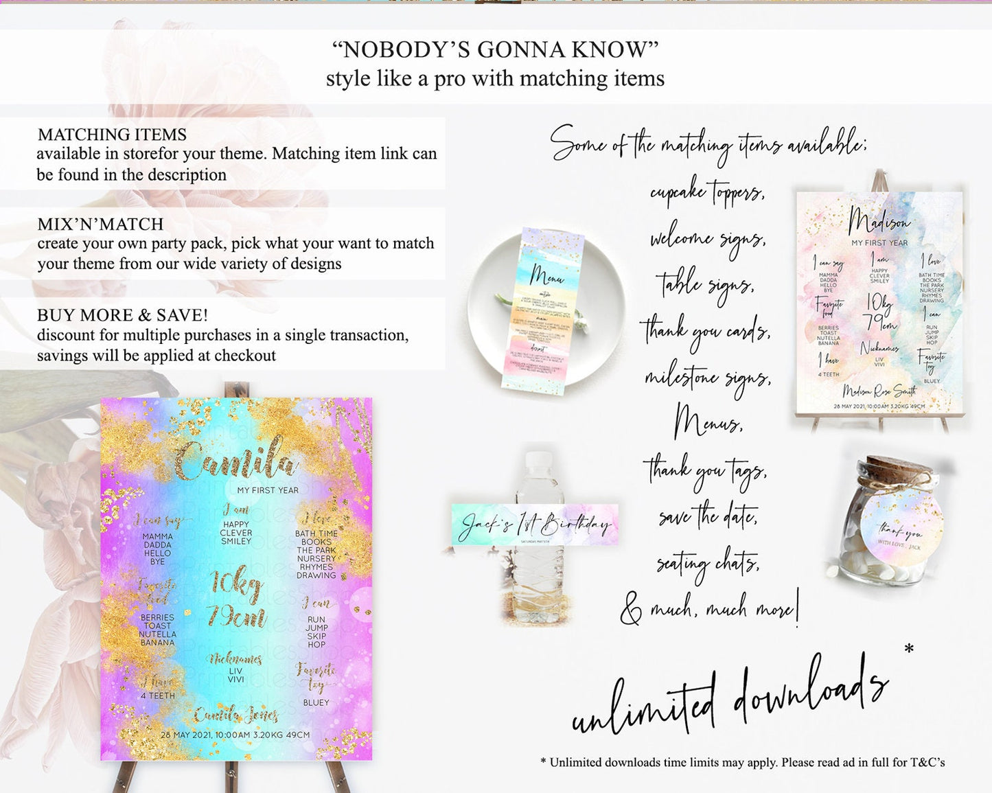 Pastel First Birthday Milestone Board Pastel Rainbow Milestone Poster Colorful Confetti Watercolor Glitter 1st Birthday Welcome Sign D10564