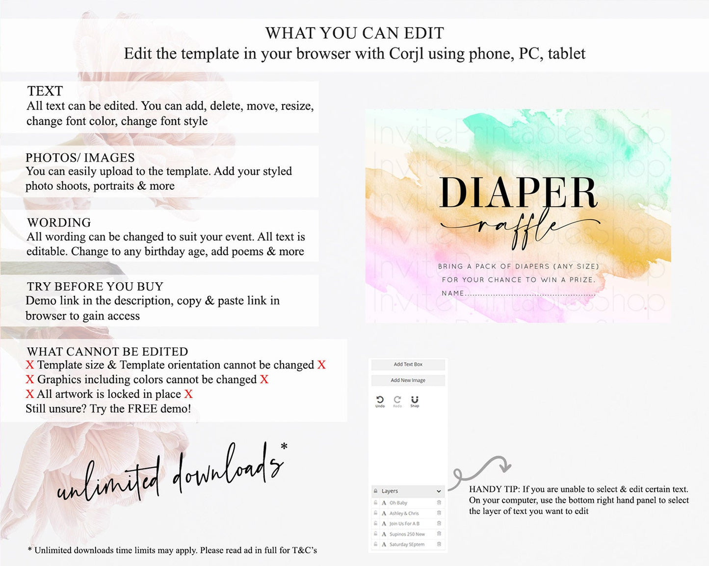 Pastel Diaper Raffle Card Pastel Rainbow Diaper Raffle Insert Colorful Ombre Watercolor Diaper Ticket Confetti Glitter Raffle Game D10962