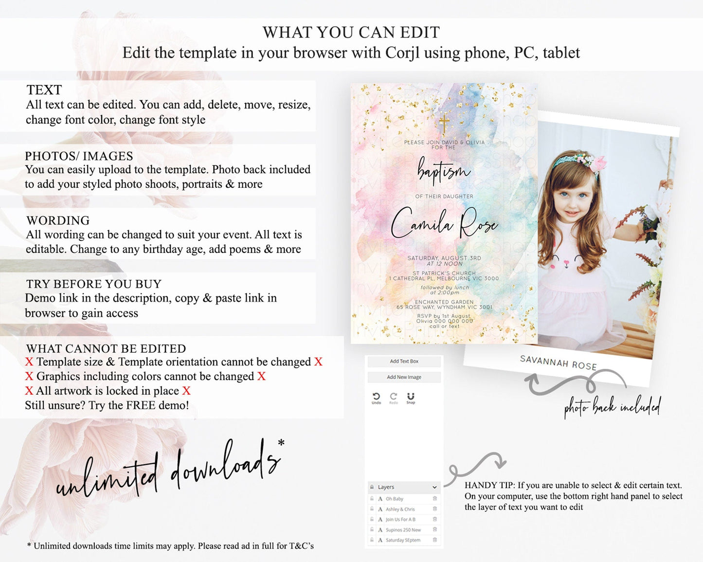 Pastel Baptism Invitation Pastel Colors Watercolor Baptism 1st Birthday Party Gold Ombre Pastel Rainbow Christening Holy Communion D10276