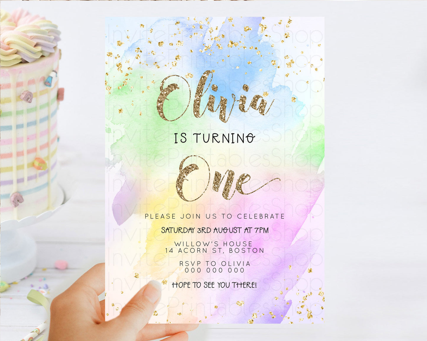 Rainbow Birthday Invitation Colorful Pastel Watercolor Invitation Gold Glitter Sprinkles Ombre Pastel 1st 2nd 3rd Birthday D23304