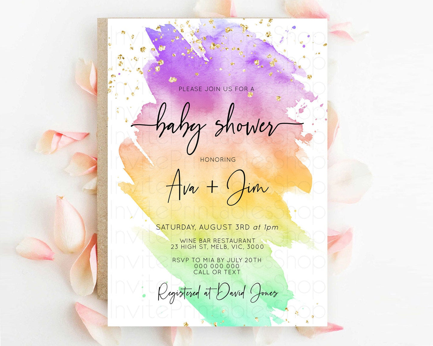 Pastel Baby Shower Invitation Rainbow Baby Shower Invitation Colorful Pastel Watercolor Invitation Gold Glitter Sprinkles Ombre D10518