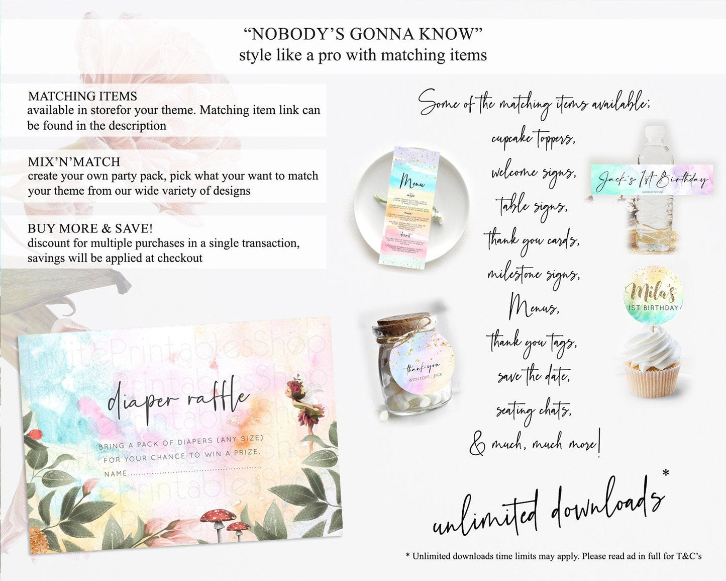 Fairy Diaper Raffle Card Fairy Diaper Insert Enchanted Garden Fairy Diaper Ticket Pastel Floral Butterfly Secret Garden Raffle Game D10555