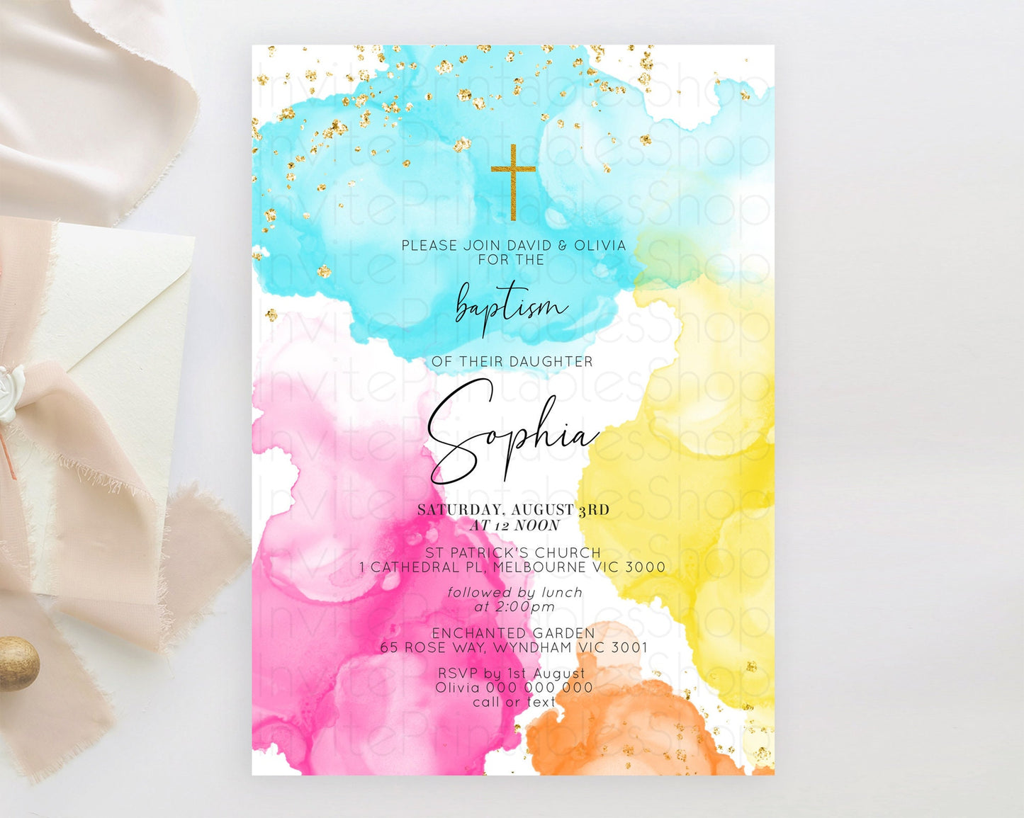 Pastel Baptism Invitation Pastel Colors Watercolor Baptism 1st Birthday Party Gold Ombre Pastel Rainbow Christening Holy Communion D10898