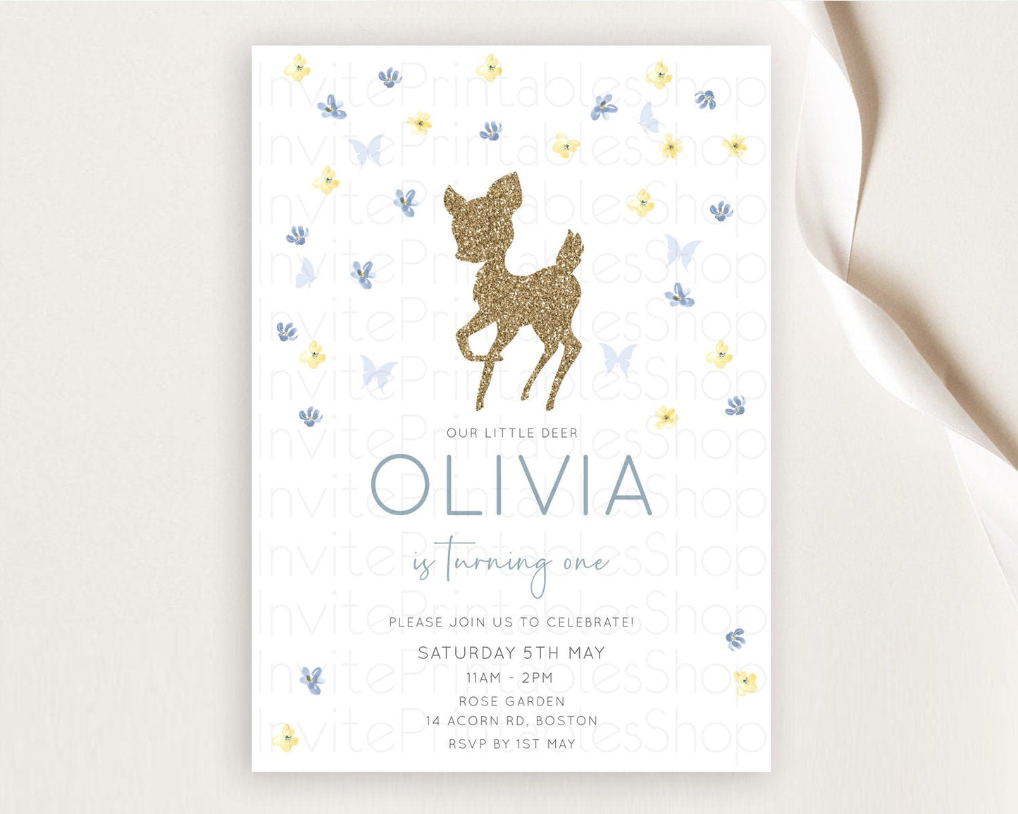 Fawn Birthday Invitation Deer Birthday Invitation Enchanted Forest Party Butterfly Pastel Flowers Whimsical 2nd 1st First Birthday D10864