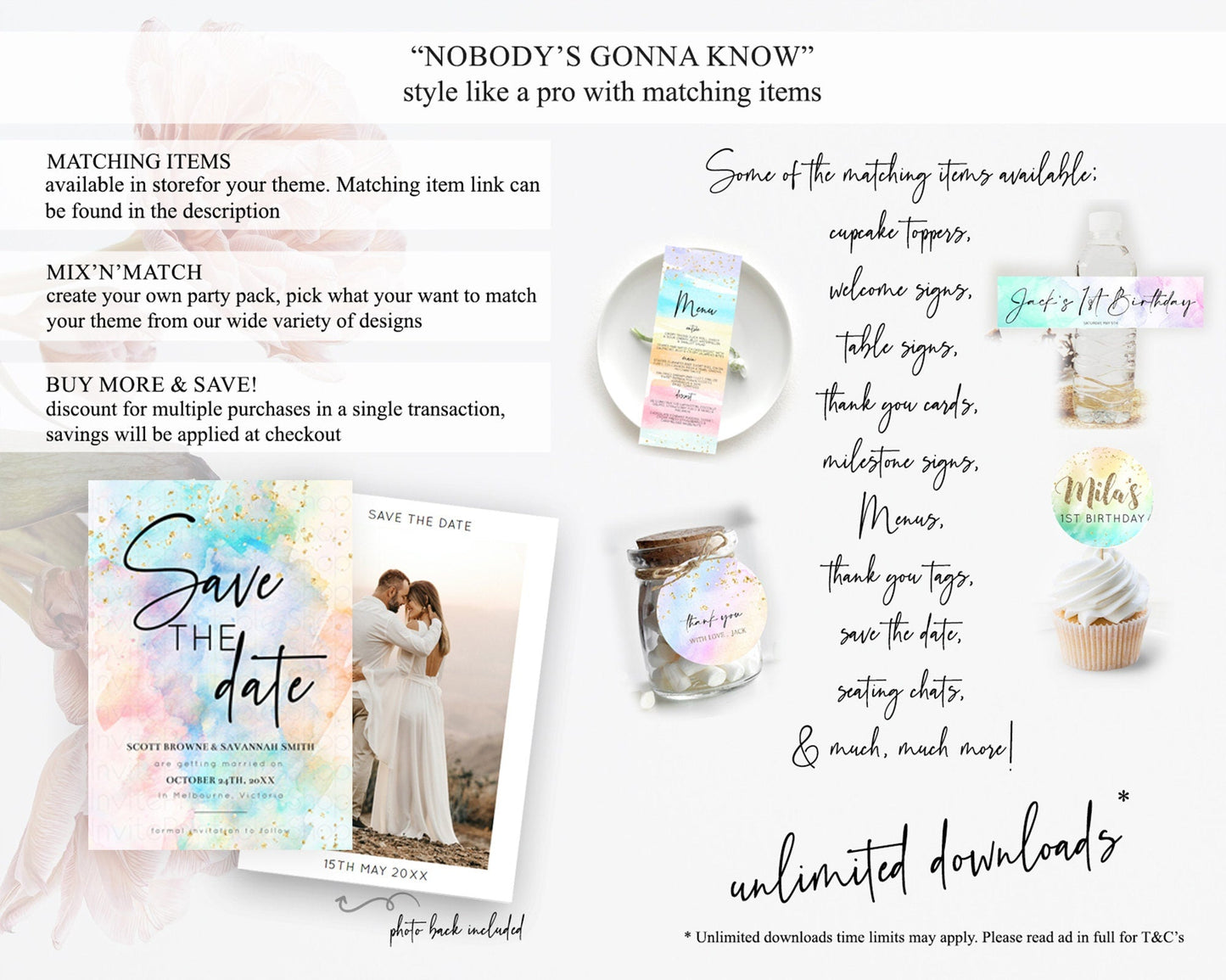 Pastel Save The Date Template Pastel Ombre Rainbow Watercolor Colorful Party For Birthday Baptism Baby Shower Wedding Bridal Shower D10260
