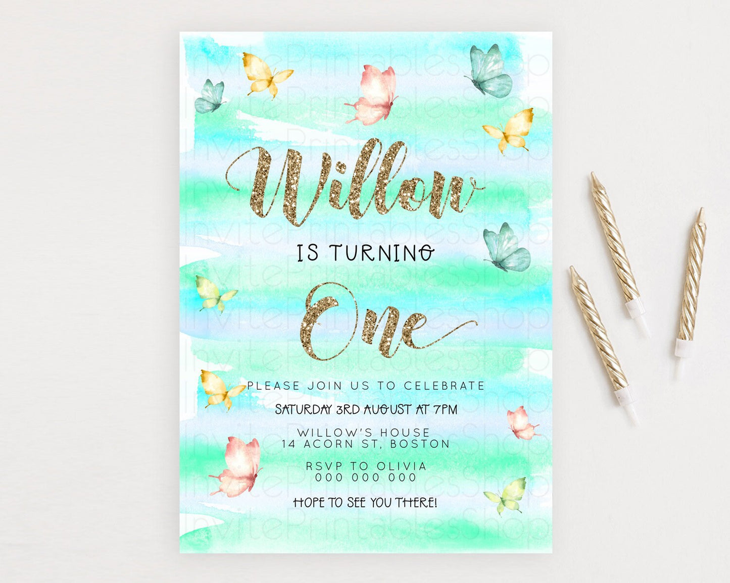 Pastel Butterfly Birthday Invitation Butterfly Birthday Invitation Colorful Splash Glitter Butterfly Garden 1st 2nd Birthday D23220