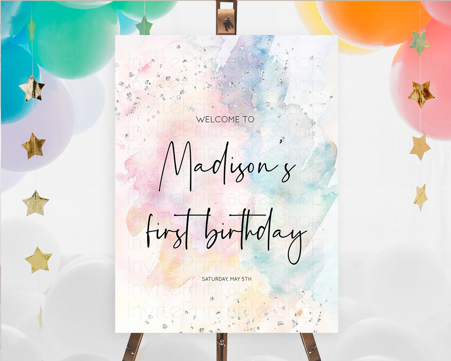 Pastel Rainbow Welcome Sign Pastel Welcome Board Pastel Colorful Party Poster Confetti Watercolor Silver First Birthday Welcome Sign D10945
