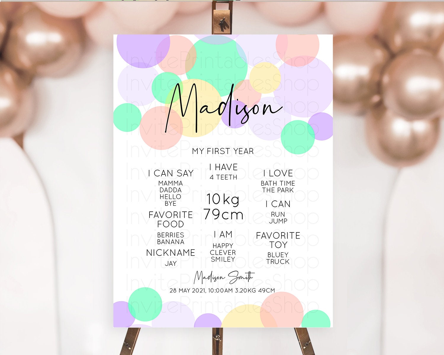 Editable Pastel First Birthday Milestone Poster Pastel Rainbow Confetti Firs