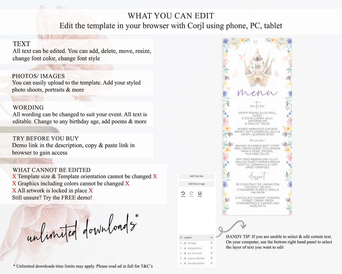 Princess Menu Castle Menu Template Secret Garden Table Decor Enchanted Castle Pastel Floral Dinner Dessert Menu Princess Food Menu D10709