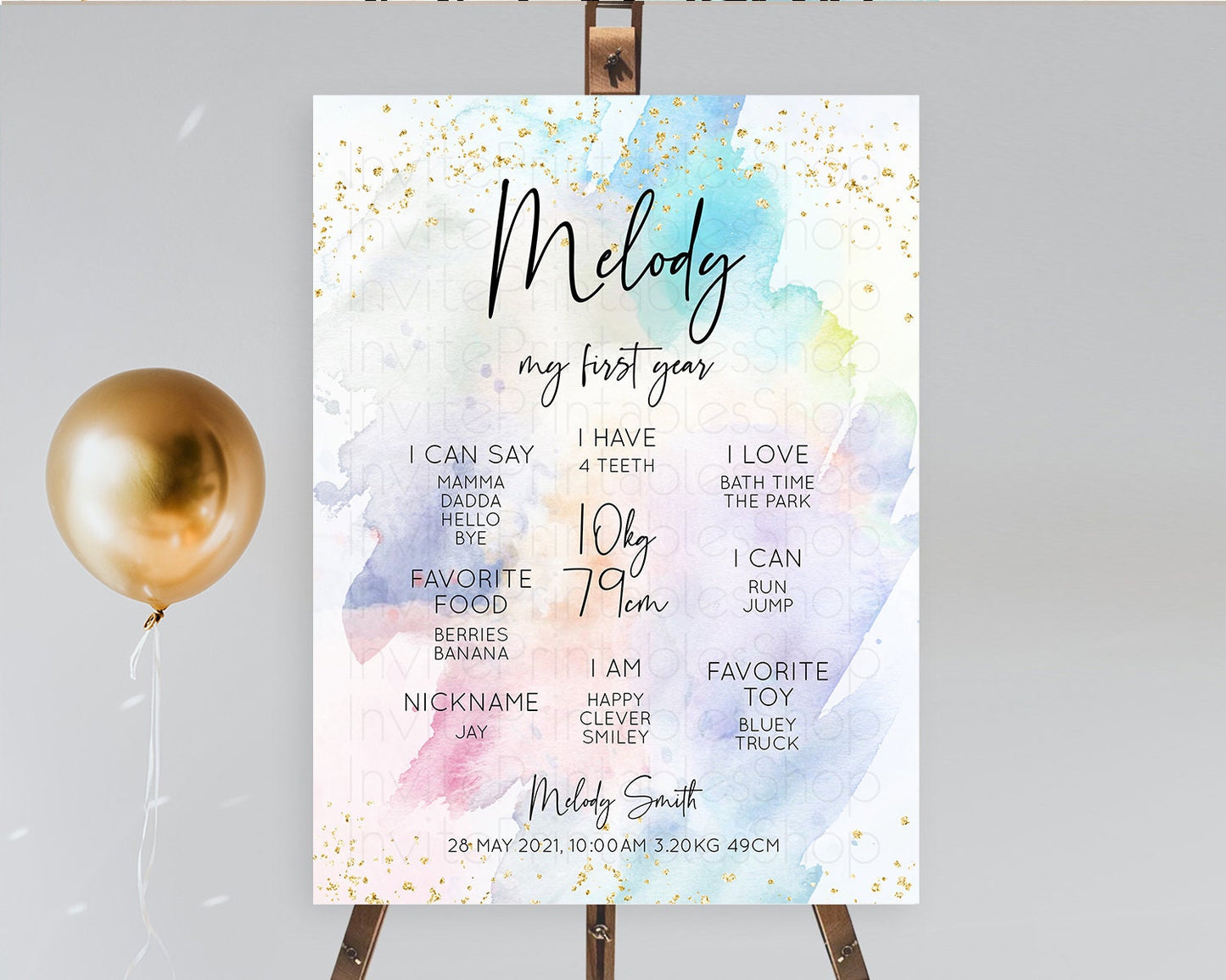Pastel First Birthday Milestone Board Pastel Rainbow Milestone Poster Colorful Confetti Watercolor Glitter 1st Birthday Welcome Sign D10424