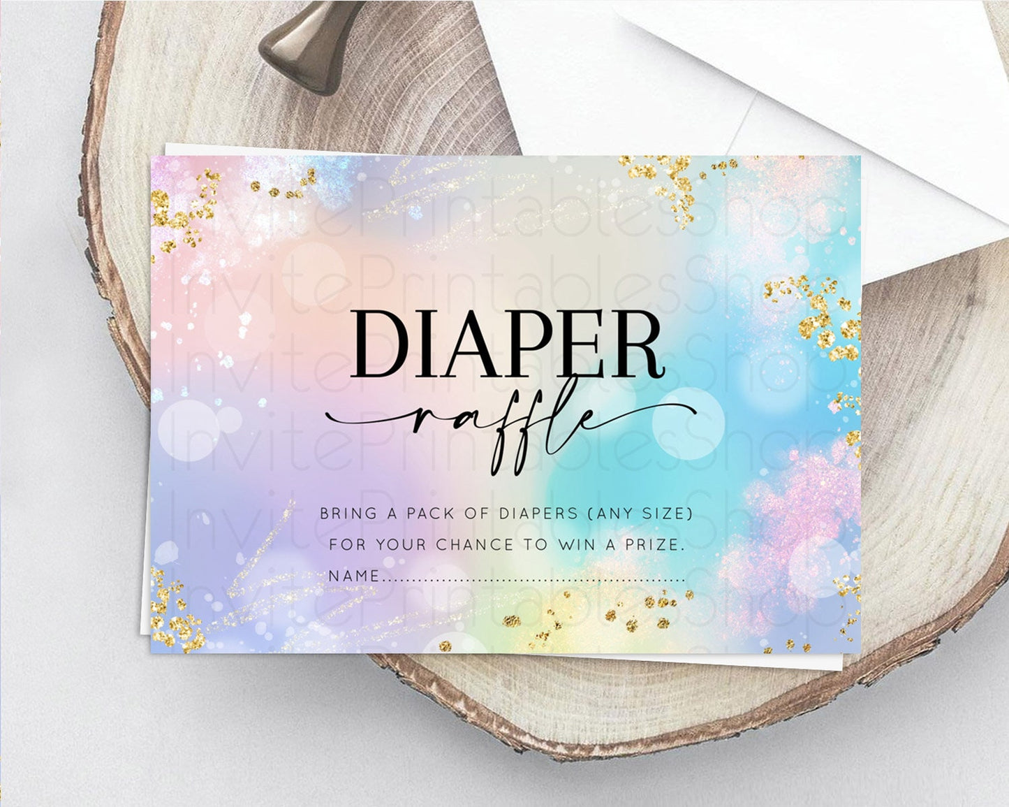 Rainbow Diaper Raffle Card Pastel Diaper Insert Colorful Pastel Watercolor Ombre Diaper Ticket Iridescent Sprinkles Raffle Game D10675