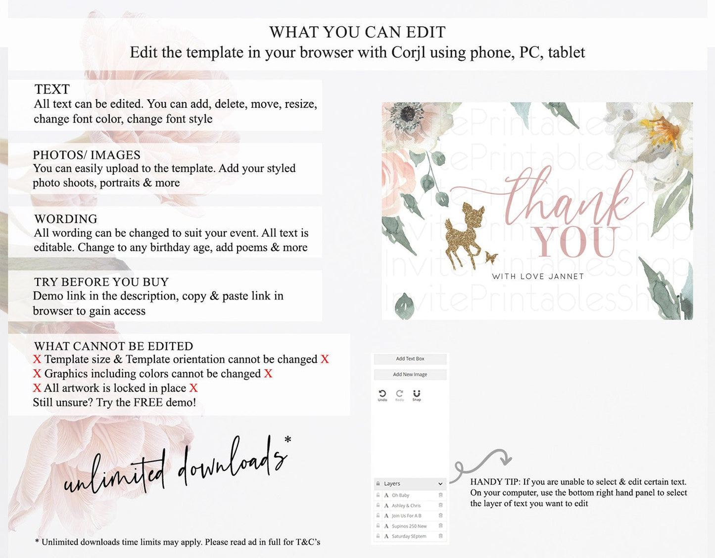 Fawn Thank You Deer Thank You Card Pastel Floral Deer Birthday Thank You Card Enchanted Forest Butterfly Deer Teacher Thank You Card D10120