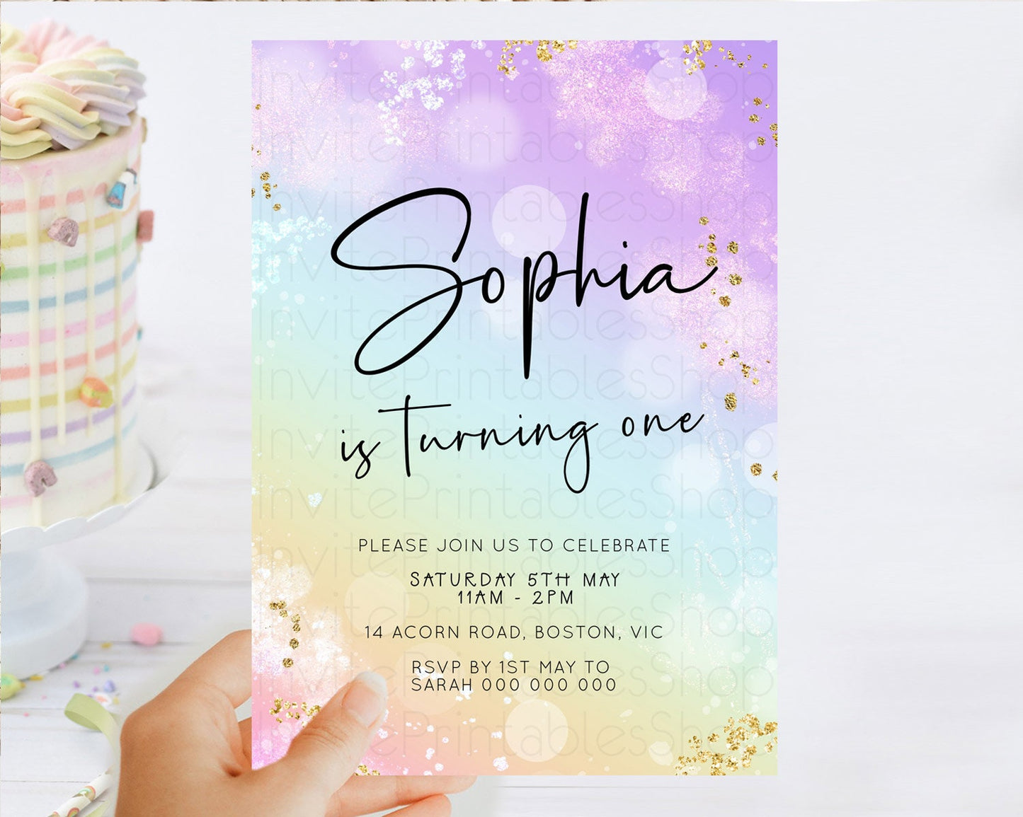 Pastel Birthday Invitation Ombre Watercolor Birthday Invitation Glitter Rainbow Color Splash 1st 2nd 3rd Birthday Invitation D23107