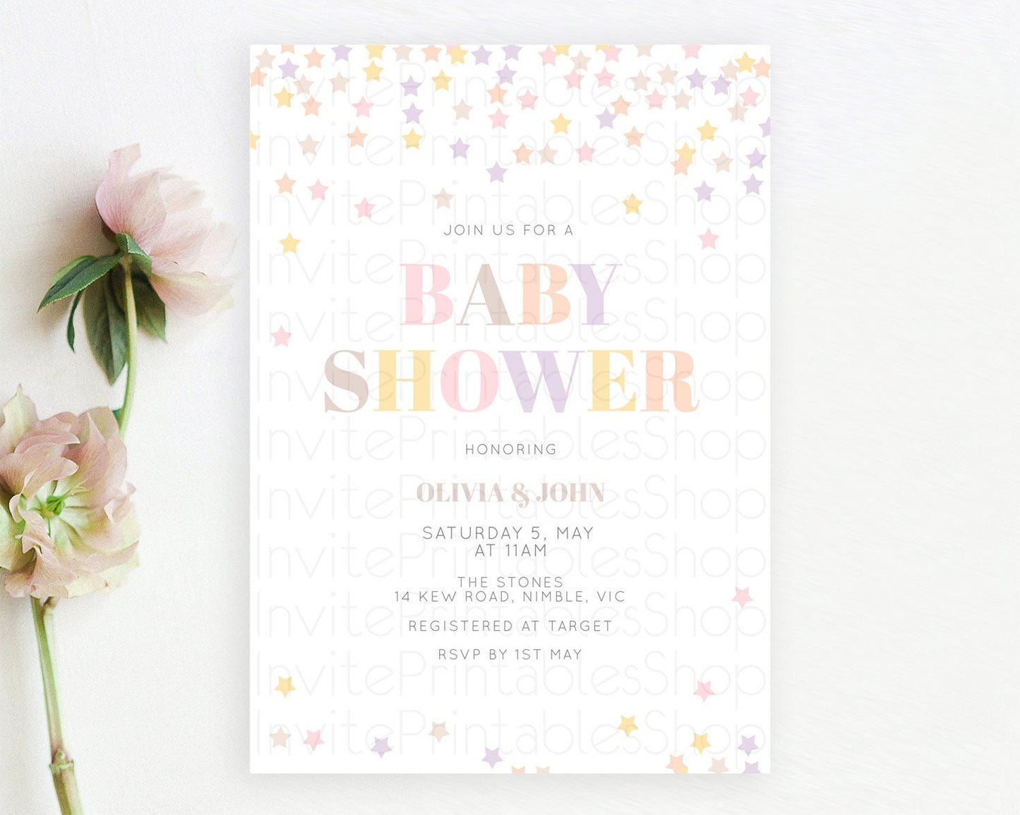 Twinkle Star Baby Shower Invitation, Pastel Colorful Sprinkles, Rainbow Confetti Stars - Purple, Yellow Orange Theme Gender Reveal D10810