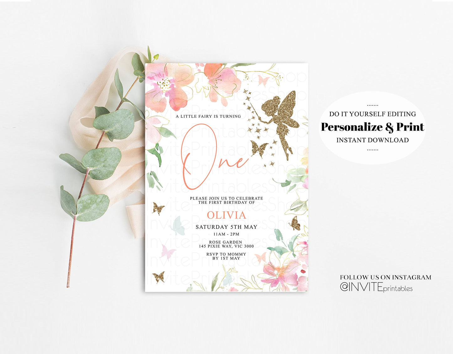 Fairy Birthday Invitation Enchanted Fairy Garden Invitation Enchanted Magical Pixie Floral Pastel Birthday Invitation Pink Gold Glitter 91
