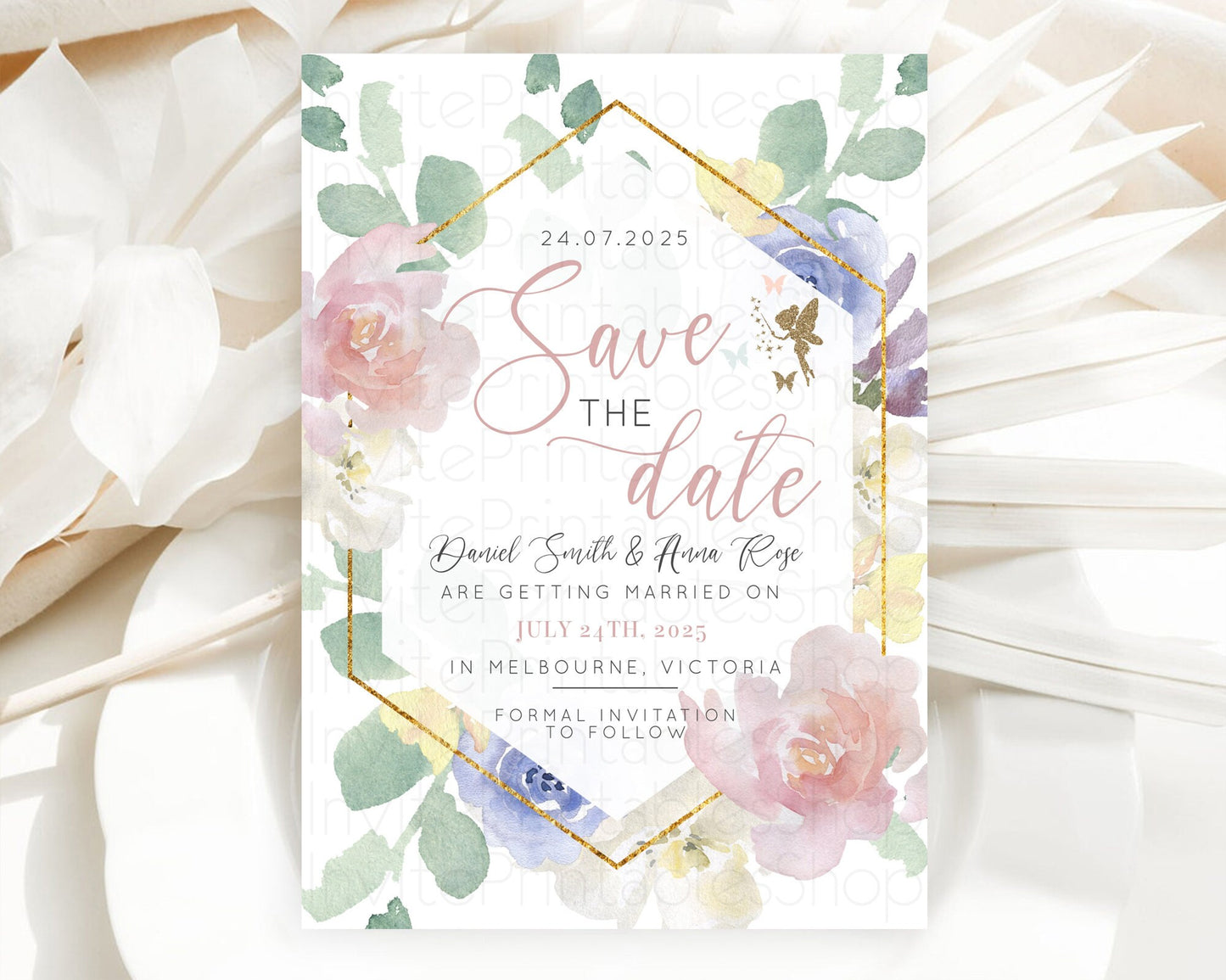 Fairy Save The Date Template Enchanted Garden Pastel Floral Butterfly Party Secret Garden Birthday Baptism Baby Shower Bridal Shower D10294