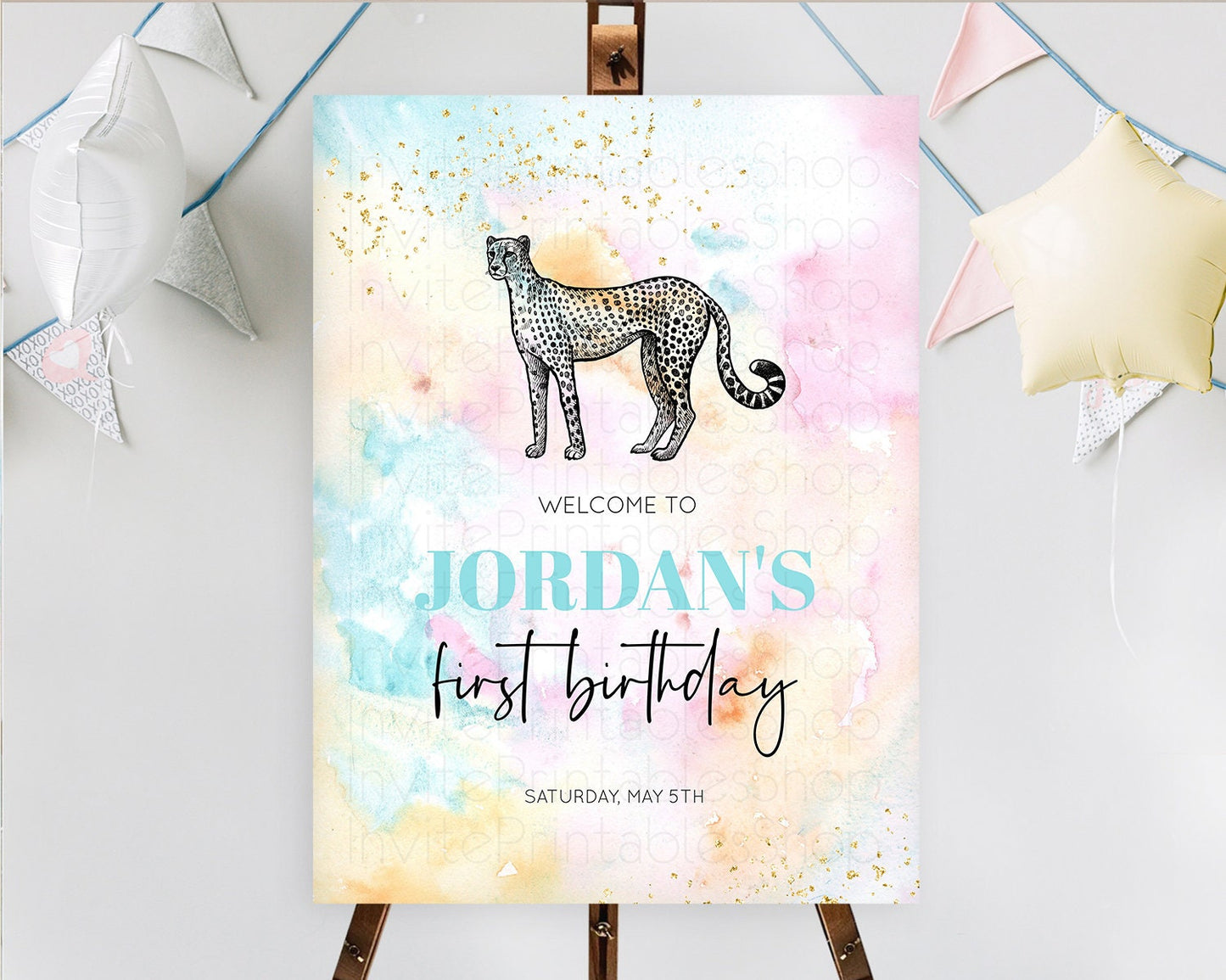 Pastel Cheetah Welcome Sign Rainbow Cheetah Welcome Board Colorful Rainbow Pastel Confetti Watercolor First Birthday Welcome Sign D10289