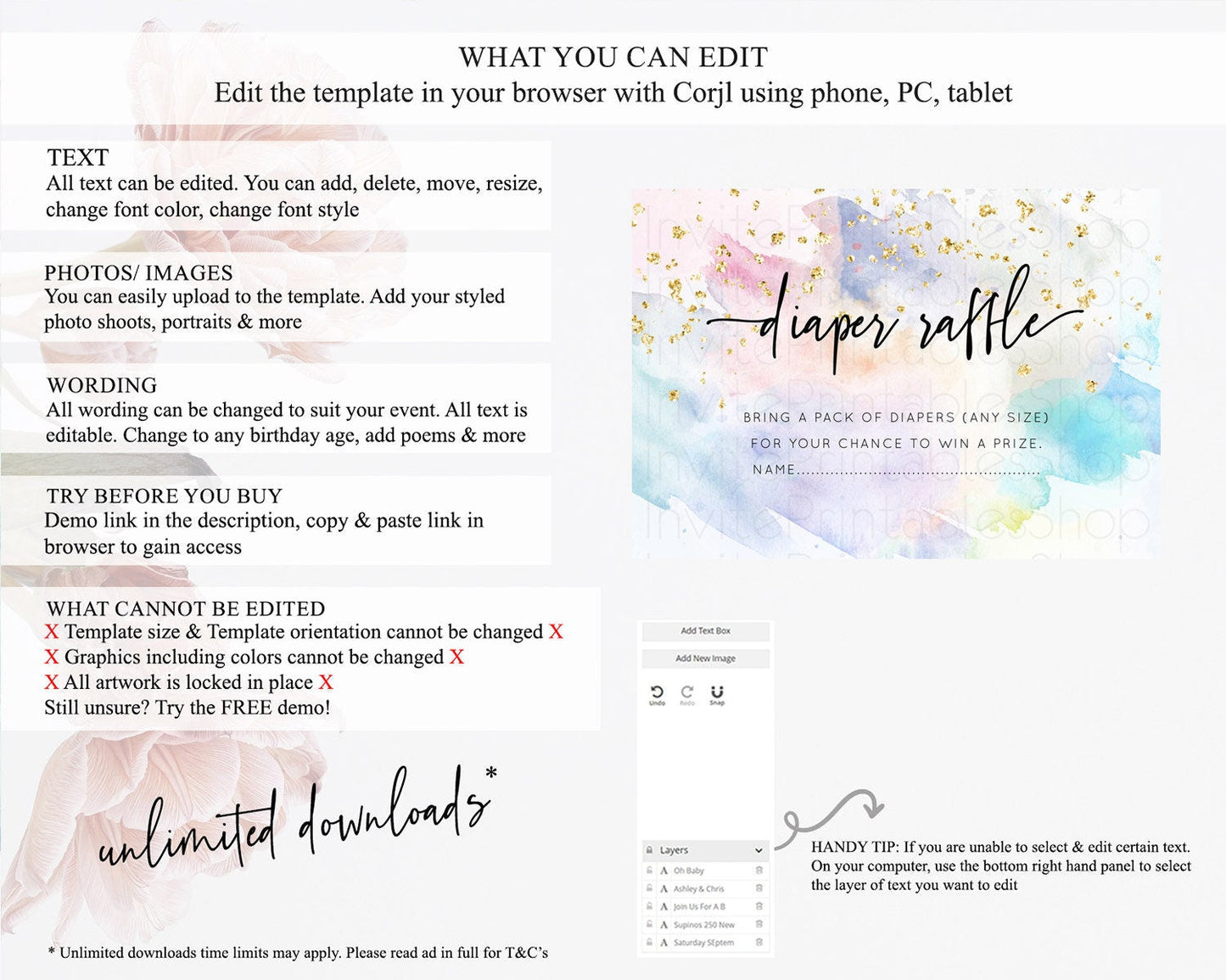 Pastel Diaper Raffle Card Pastel Rainbow Diaper Raffle Insert Colorful Ombre Watercolor Diaper Ticket Confetti Glitter Raffle Game D10424