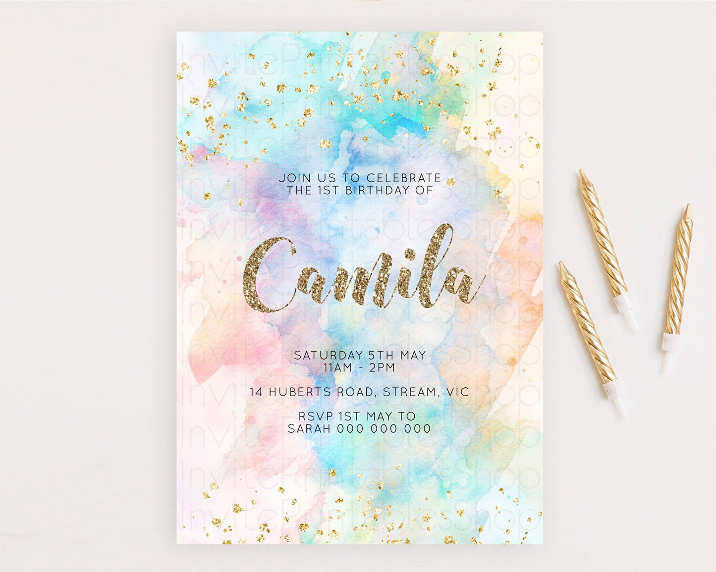 Rainbow Birthday Invitation Colorful Pastel Watercolor Invitation Gold Glitter Sprinkles Ombre Pastel 1st 2nd 3rd Birthday D10261