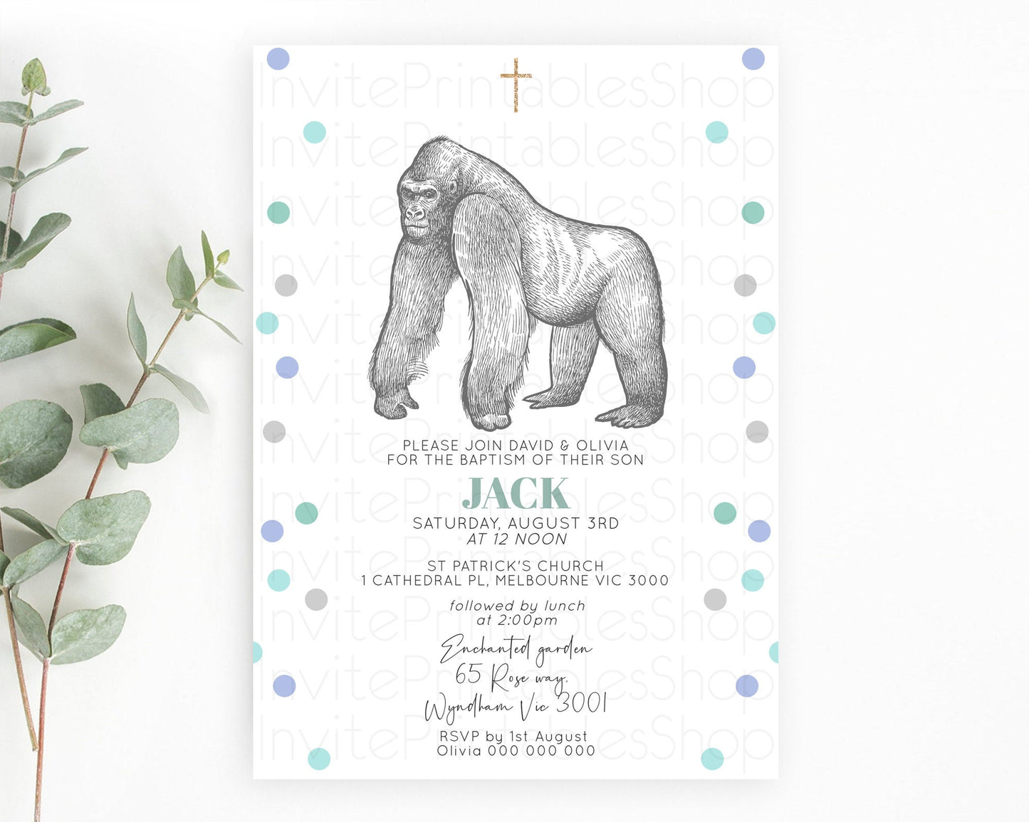 Gorilla Baptism Invitation Gorilla Baptism 1st Birthday Invitation Gorilla Jungle Adventure Christening Invitation Wild Zoo Theme D10854