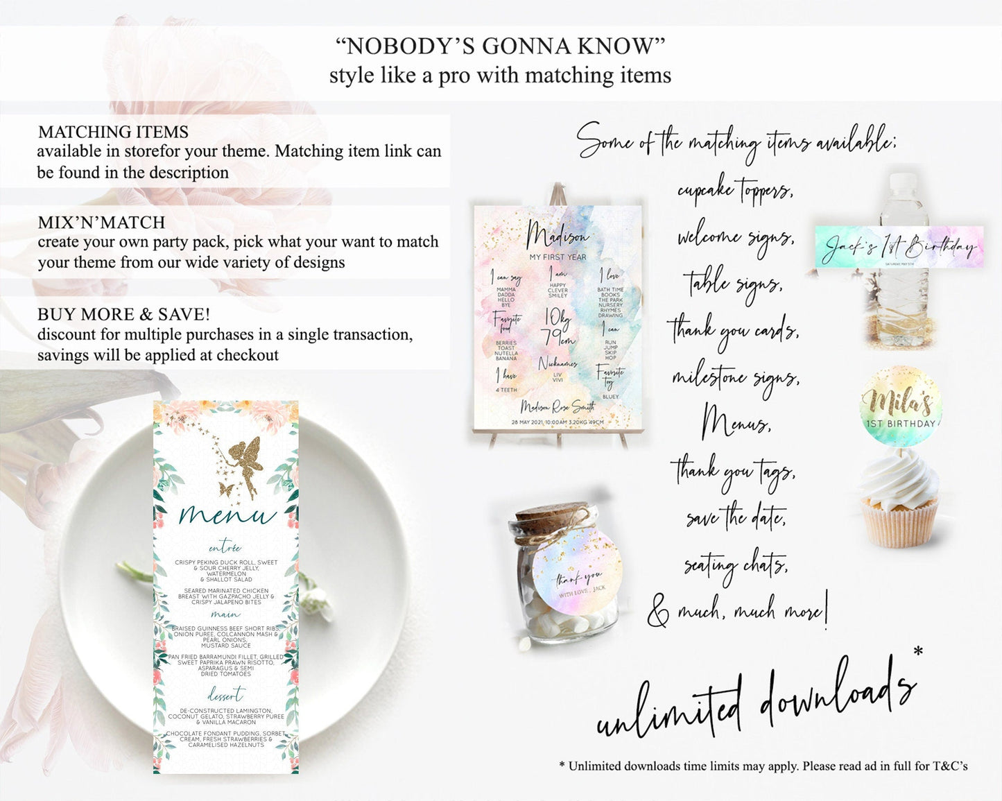 Fairy Menu Fairy Menu Template Enchanted Garden Pastel Floral Butterfly Table Decor Fairy Secret Garden Dinner Dessert Food Menu D10239