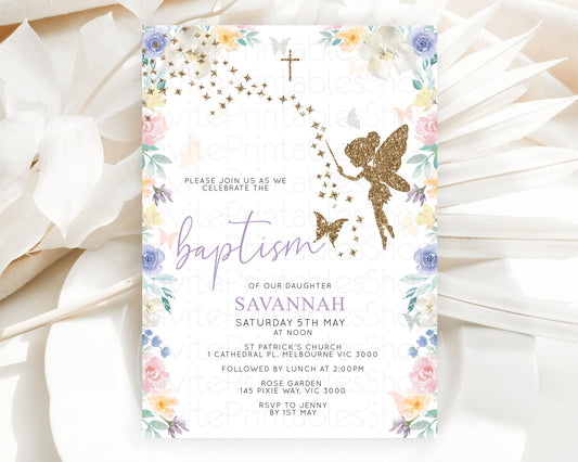 Fairy Baptism Invitation Fairy Baptism 1st Birthday Invitation Enchanted Secret Garden Christening Invite Pastel Floral Butterfly D10761