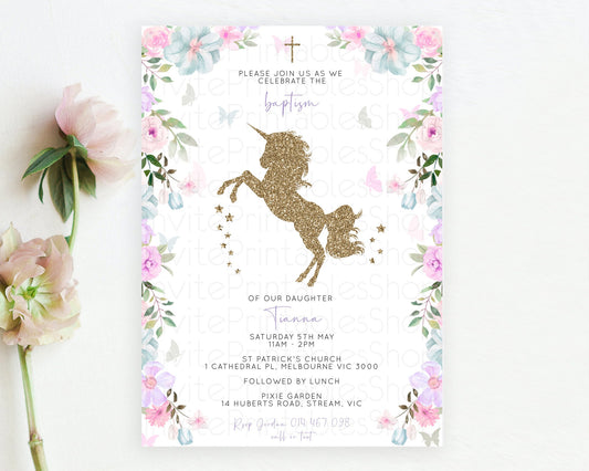 Editable Unicorn Rainbow Baptism Invitation Pastel Baptism Birthday Invitati