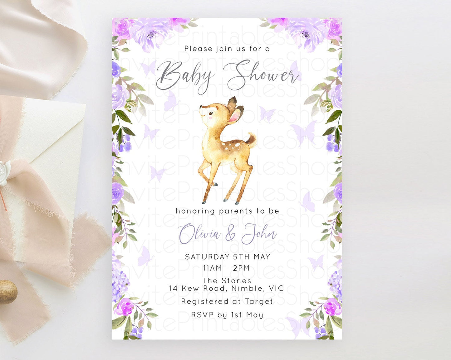 Enchanted Forest Baby Shower Invitation: Secret Garden, Fawn, Deer, Butterfly, Soft Purple Pastel Flowers - Whimsical Woodland Theme D10916