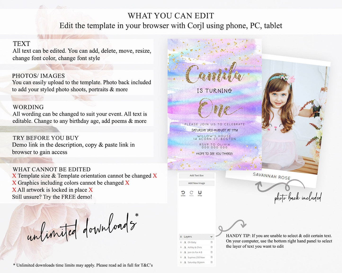 Rainbow Birthday Invitation Colorful Pastel Watercolor Invitation Gold Glitter Sprinkles Ombre Pastel 1st 2nd 3rd Birthday D23262