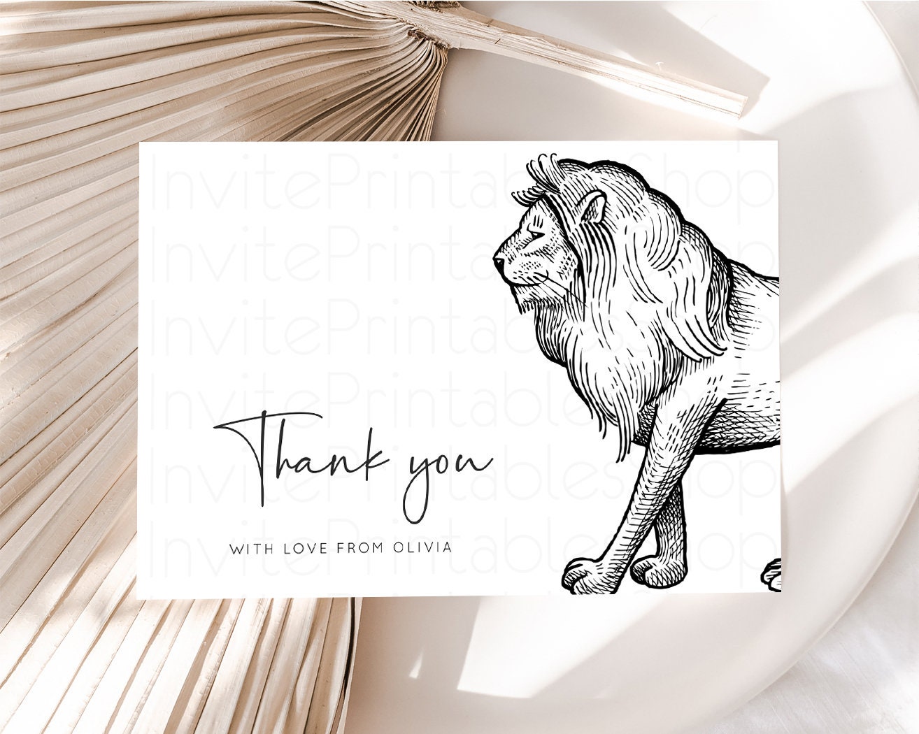 Editable Lion Thank You Card Simple White Lion Wild One Safari Jungle Zoo Th