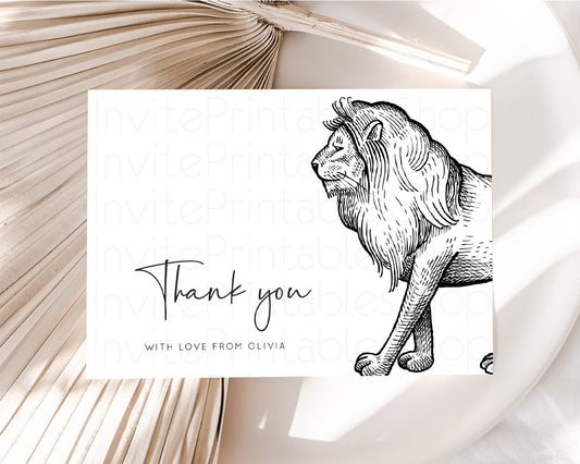 Editable Lion Thank You Card Simple White Lion Wild One Safari Jungle Zoo Th